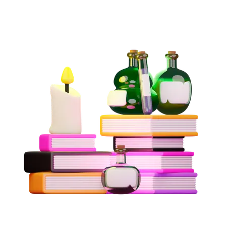 Books Potions With Candles  3D Illustration