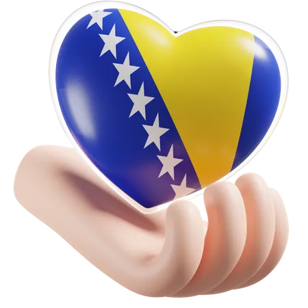 Bosnia and Herzegovina Flag Heart Hand Care  3D Icon