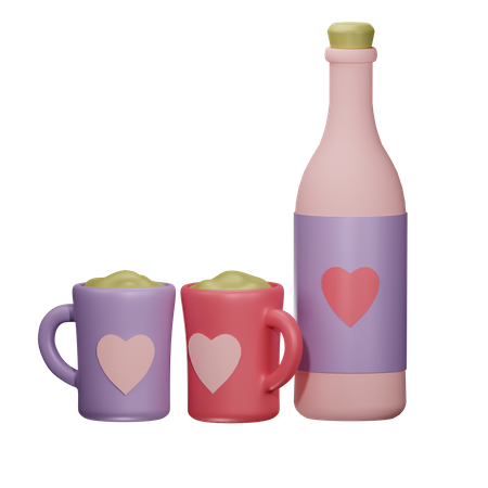 Bottle of wine and cups  3D Illustration