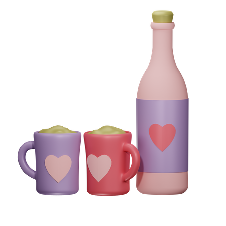 Bottle of wine and cups 3D Illustration