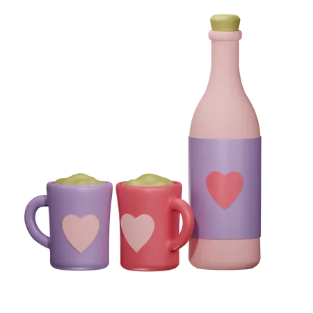 A Bottle Of Wine And Two Full Glasses With Heart Label 3 D Illustration 3D Illustration