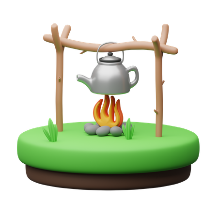 Bouilloire avec feu de camp  3D Icon