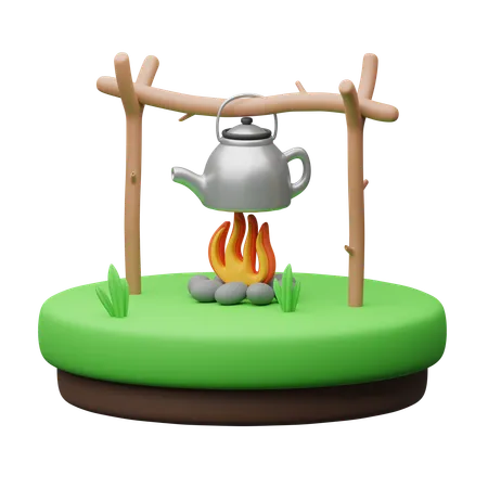 Bouilloire avec feu de camp  3D Icon