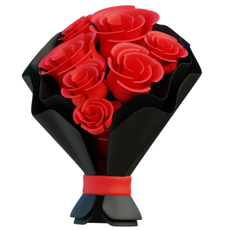 Luxurious Bouquet Of Red Roses In Black Wrapping With Red Ribbon 3D Icon
