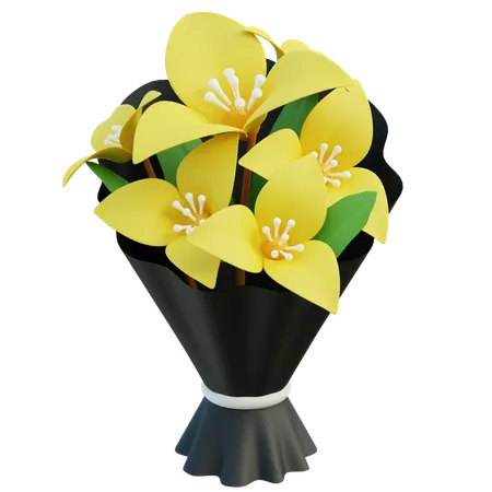 Bouquet Of Yellow Daffodils Wrapped In Black Paper 3D Icon