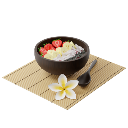 Bowl of berry smoothie with strawberry, banana, coconut and chia seeds on a bamboo mat  3D Icon