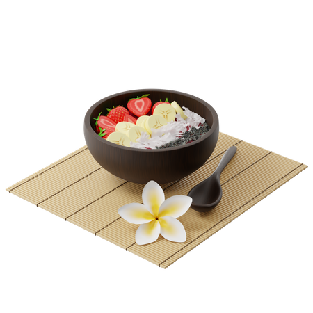 Bowl of berry smoothie with strawberry, banana, coconut and chia seeds on a bamboo mat  3D Illustration