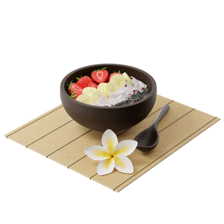 Bowl of berry smoothie with strawberry, banana, coconut and chia seeds on a bamboo mat  3D Illustration