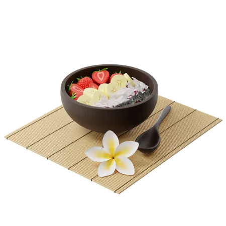 Bowl of berry smoothie with strawberry, banana, coconut and chia seeds on a bamboo mat 3D Illustration