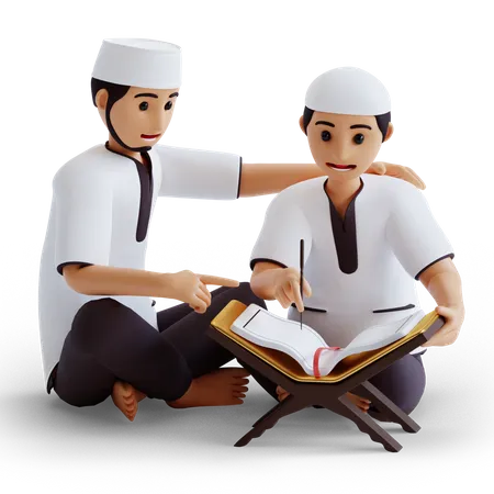 Boy and father reading the Quran  3D Illustration