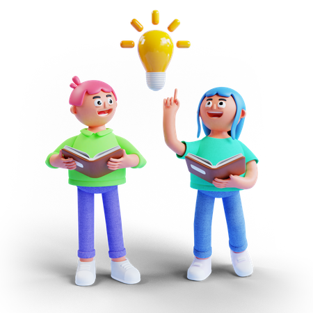 Boy and girl carrying book with light idea lamp  3D Icon