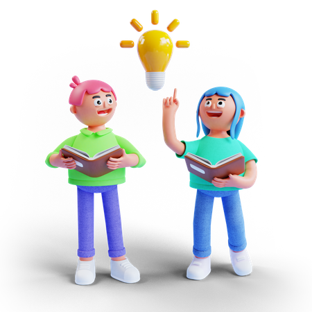 Boy and girl carrying book with light idea lamp 3D Illustration