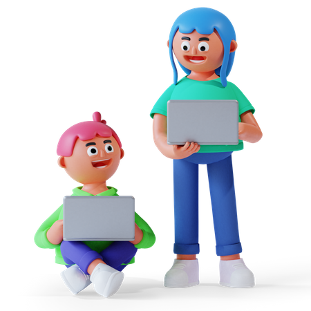 Boy and girl carrying laptop for online study  3D Icon