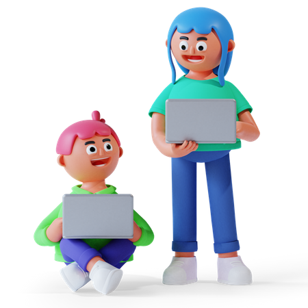 Boy and girl carrying laptop for online study  3D Illustration