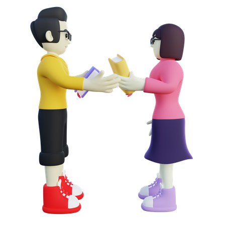 Boy and Girl Doing Book Swap  3D Icon