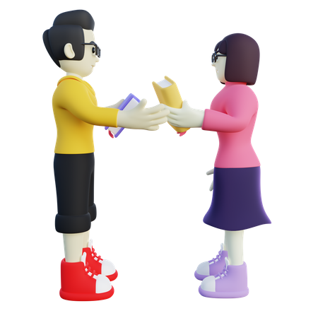 Boy and Girl Doing Book Swap  3D Illustration