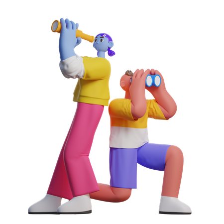 Boy And Girl Holding Binoculars  3D Illustration