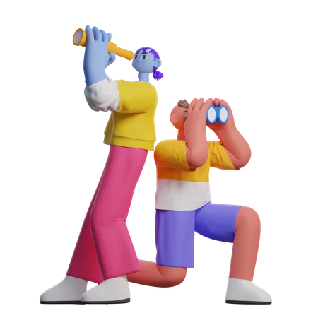 Boy And Girl Holding Binoculars  3D Illustration