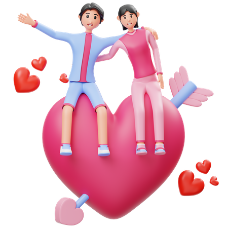 Boy And Girl Sitting on heart 3D Illustration