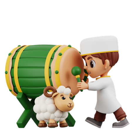 羊と一緒に太鼓を叩く少年  3D Illustration