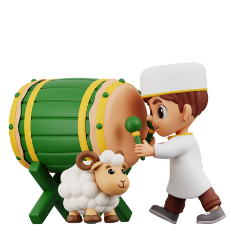 Boy Beating Drum With Sheep  3D Illustration