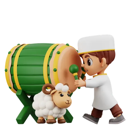 Boy Beating Drum With Sheep  3D Illustration