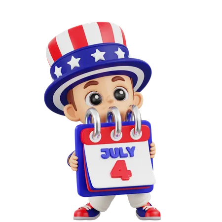 Boy Bring Calendar 4th July  3D Illustration