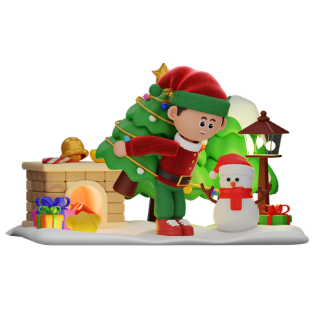 Boy Bring Christmas Tree  3D Illustration