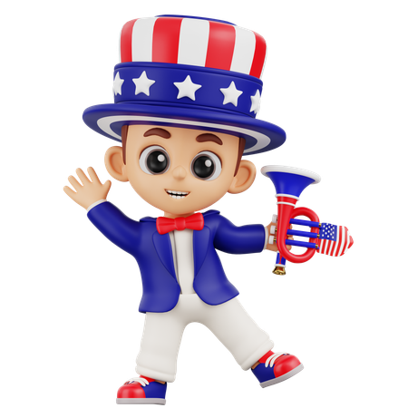 少年が愛国的なトランペットを持ってくる  3D Illustration