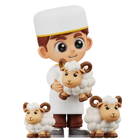 Boy Bring Sheep  3D Illustration