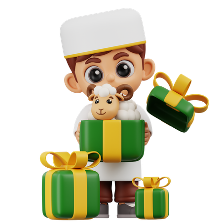 Boy Bring Sheep Giftbox  3D Illustration