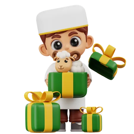 Boy Bring Sheep Giftbox  3D Illustration