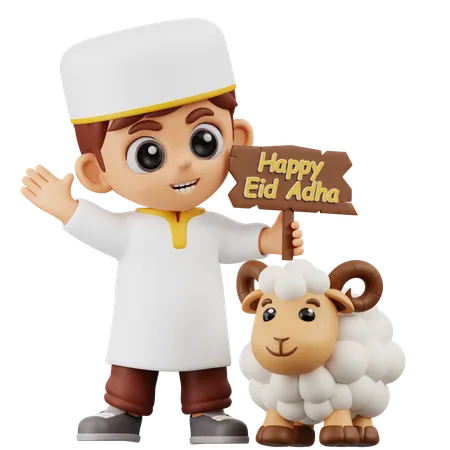 Boy Bring Sign With Sheep  3D Illustration