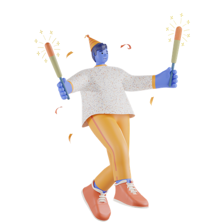 Boy Burning Sparkler  3D Illustration