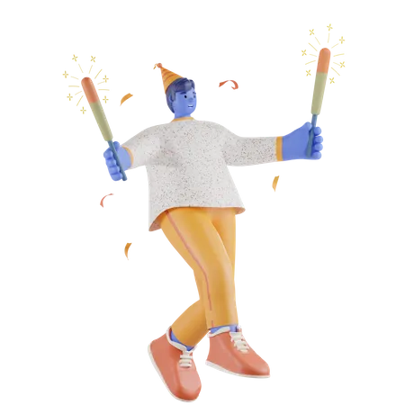 Boy Burning Sparkler 3D Illustration