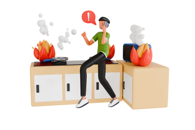 3 D Illustration Of Boy Calling Fire Emergency Service Due To Fire In Kitchen Fire Emergency Service 3 D Illustration 3D Illustration