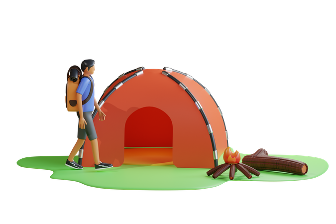Boy camping near campsite  3D Illustration