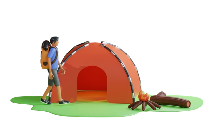 Boy camping near campsite  3D Illustration