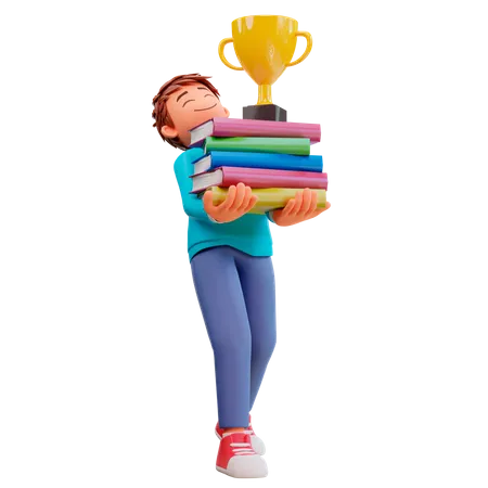 Boy carrying a stack of books and trophies  3D Illustration