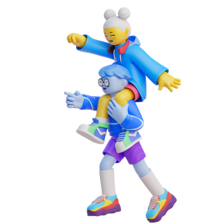 Boy Carrying Girl On Shoulder  3D Illustration