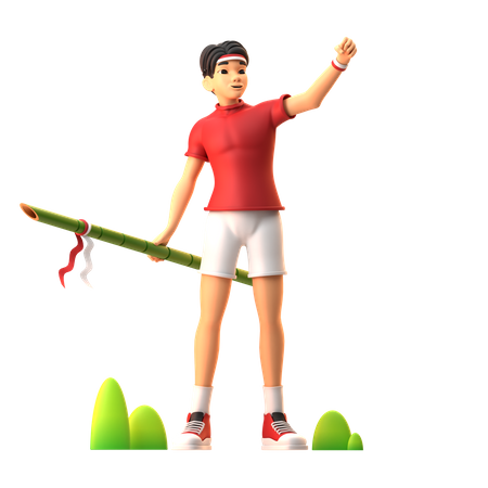 Boy Carrying Sharpened Bamboo Indonesian Independence Day  3D Illustration