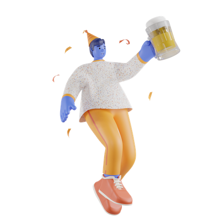 Boy celebrate by drinking a glass of beer  3D Illustration