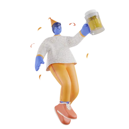 Boy celebrate by drinking a glass of beer  3D Illustration