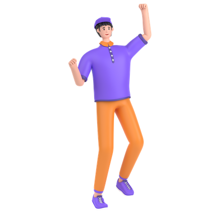 Boy celebrates success with dance 3D Illustration