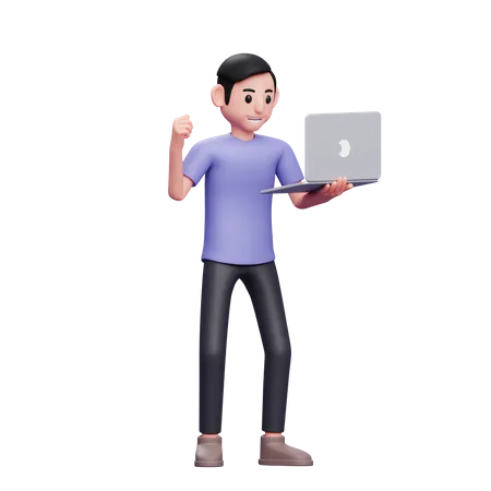 Boy celebrating victory while holding laptop  3D Illustration