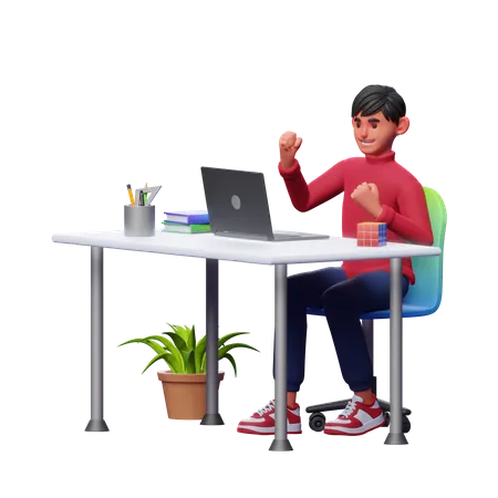 Boy Celebrating Work Success  3D Illustration