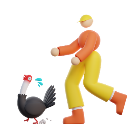 Boy chase chicken  3D Illustration