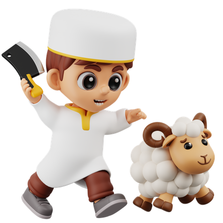 Boy Chasing Sheep  3D Illustration