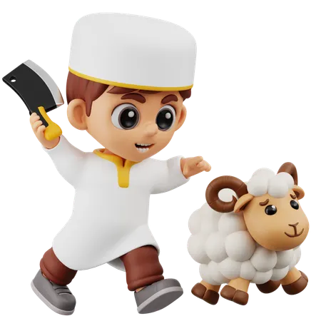 Boy Chasing Sheep  3D Illustration