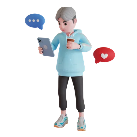 Boy chatting on social media while drinking coffee  3D Illustration